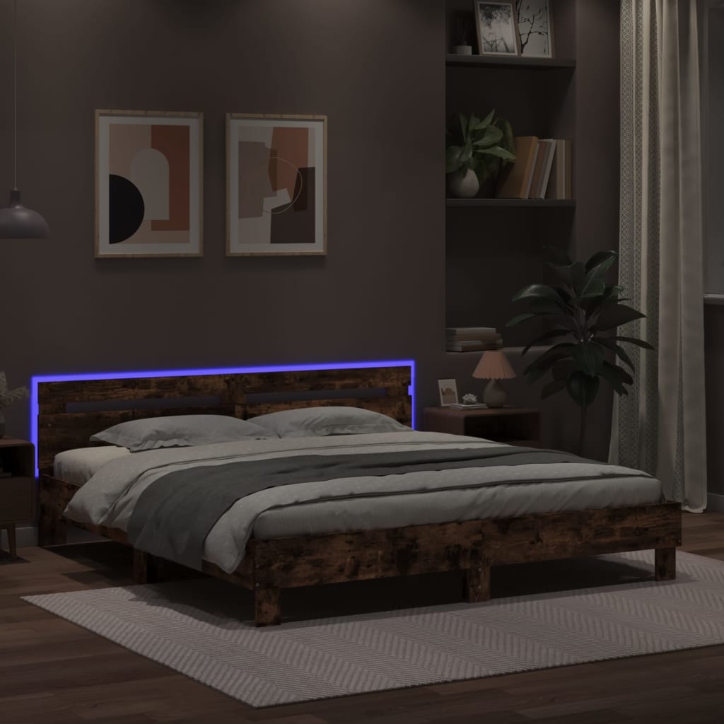 vidaXL Bed Frame with LED without Mattress Smoked Oak 180x200 cm Super King