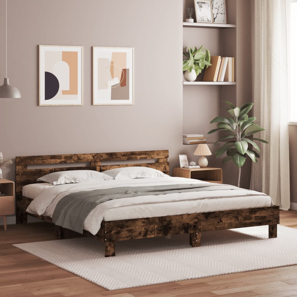 vidaXL Bed Frame with LED without Mattress Smoked Oak 180x200 cm Super King
