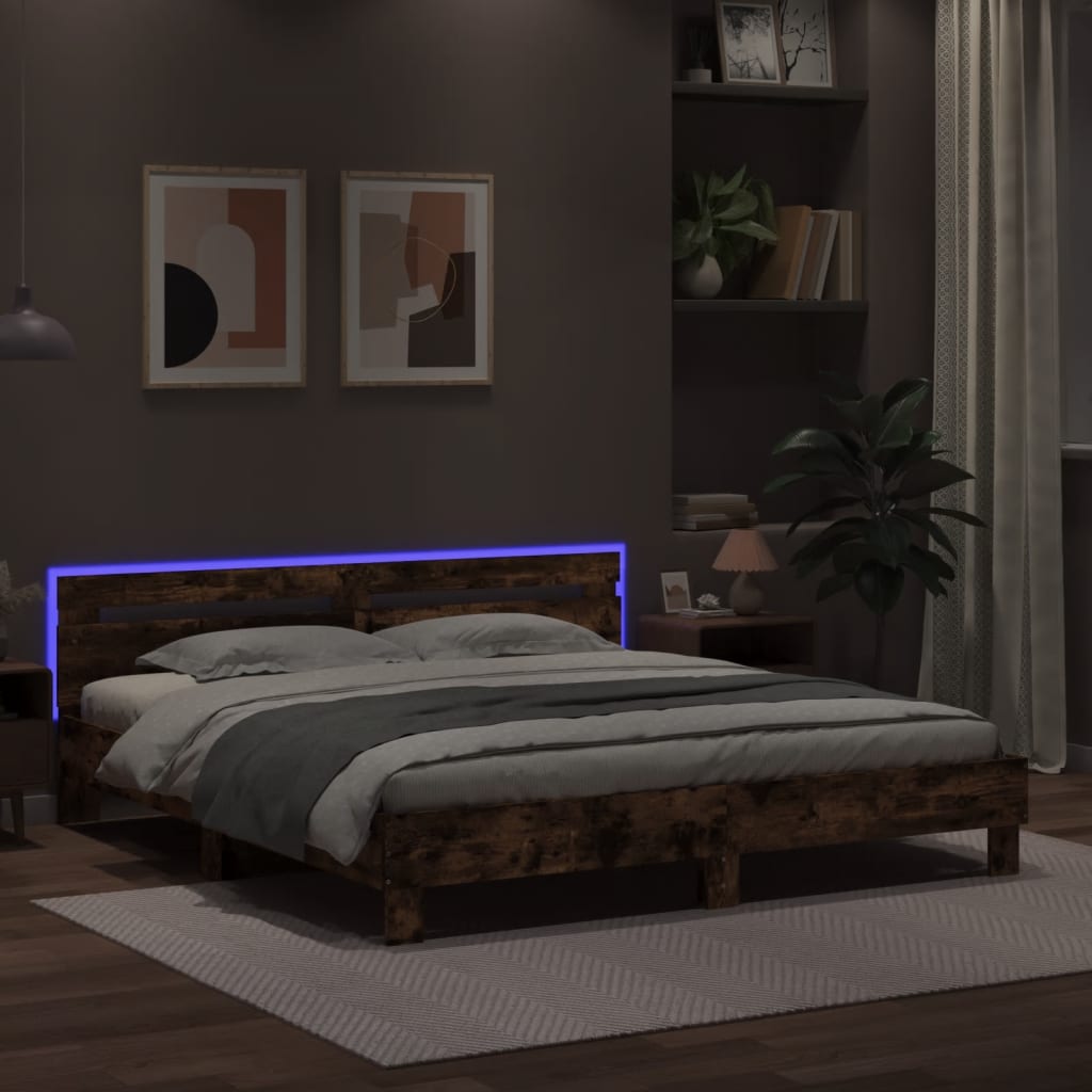 vidaXL Bed Frame with LED without Mattress Smoked Oak 160x200 cm