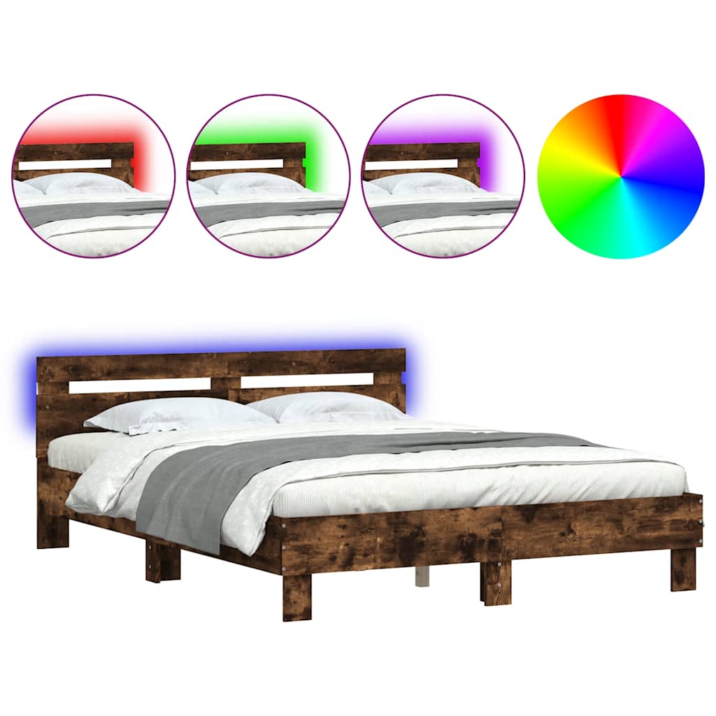 vidaXL Bed Frame with LED without Mattress Smoked Oak 140x200 cm