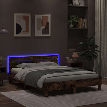 vidaXL Bed Frame with LED without Mattress Smoked Oak 140x200 cm