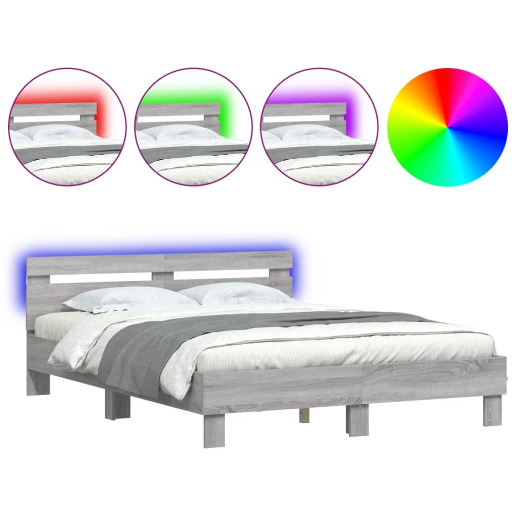 vidaXL Bed Frame with LED without Mattress Grey Sonoma 140x200 cm