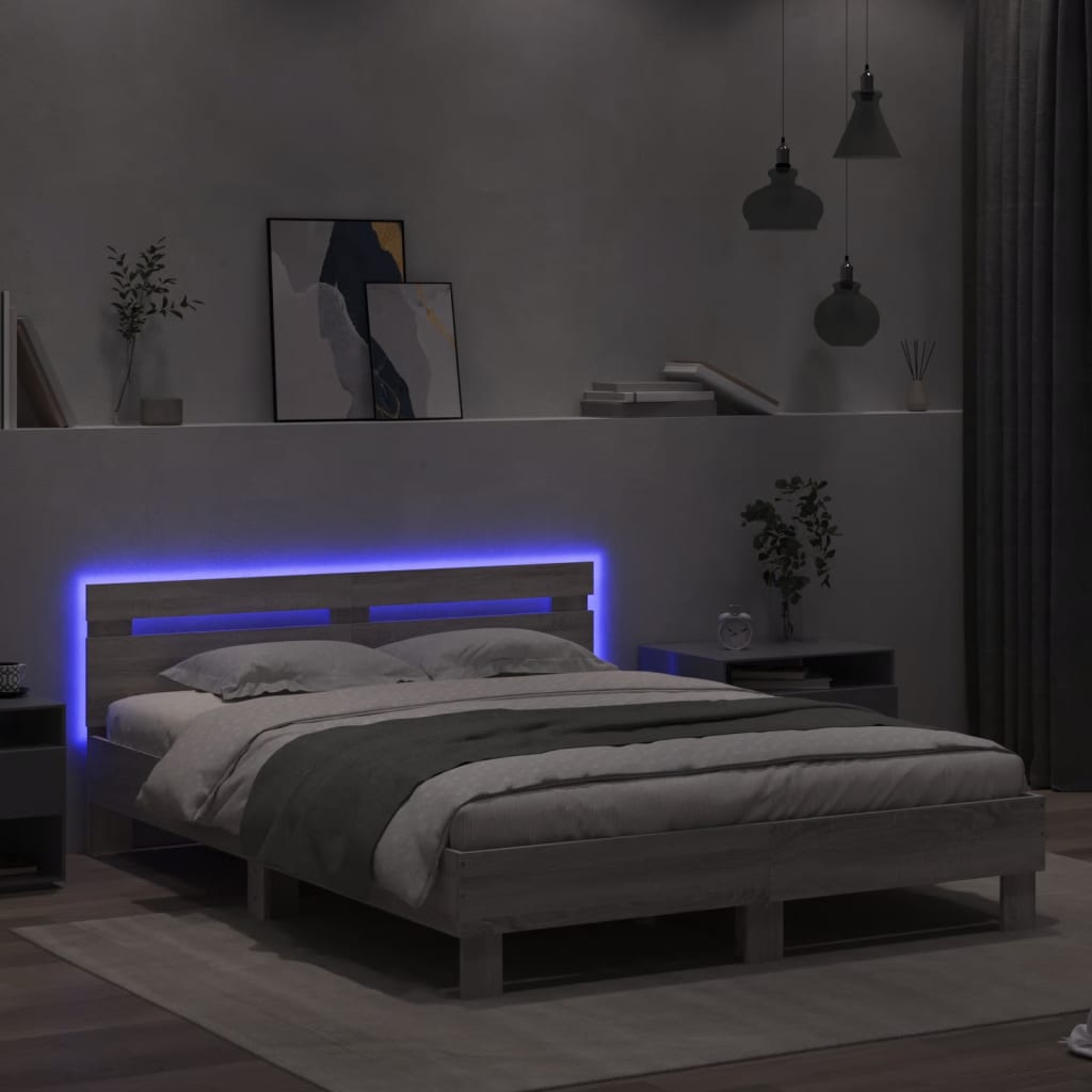 vidaXL Bed Frame with LED without Mattress Grey Sonoma 140x200 cm