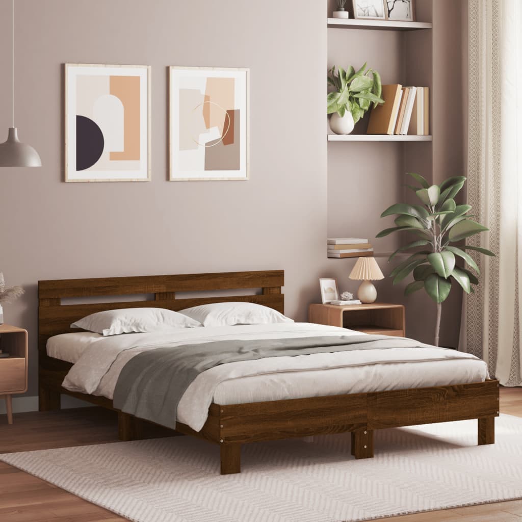 vidaXL Bed Frame with LED without Mattress Brown Oak 140x200 cm