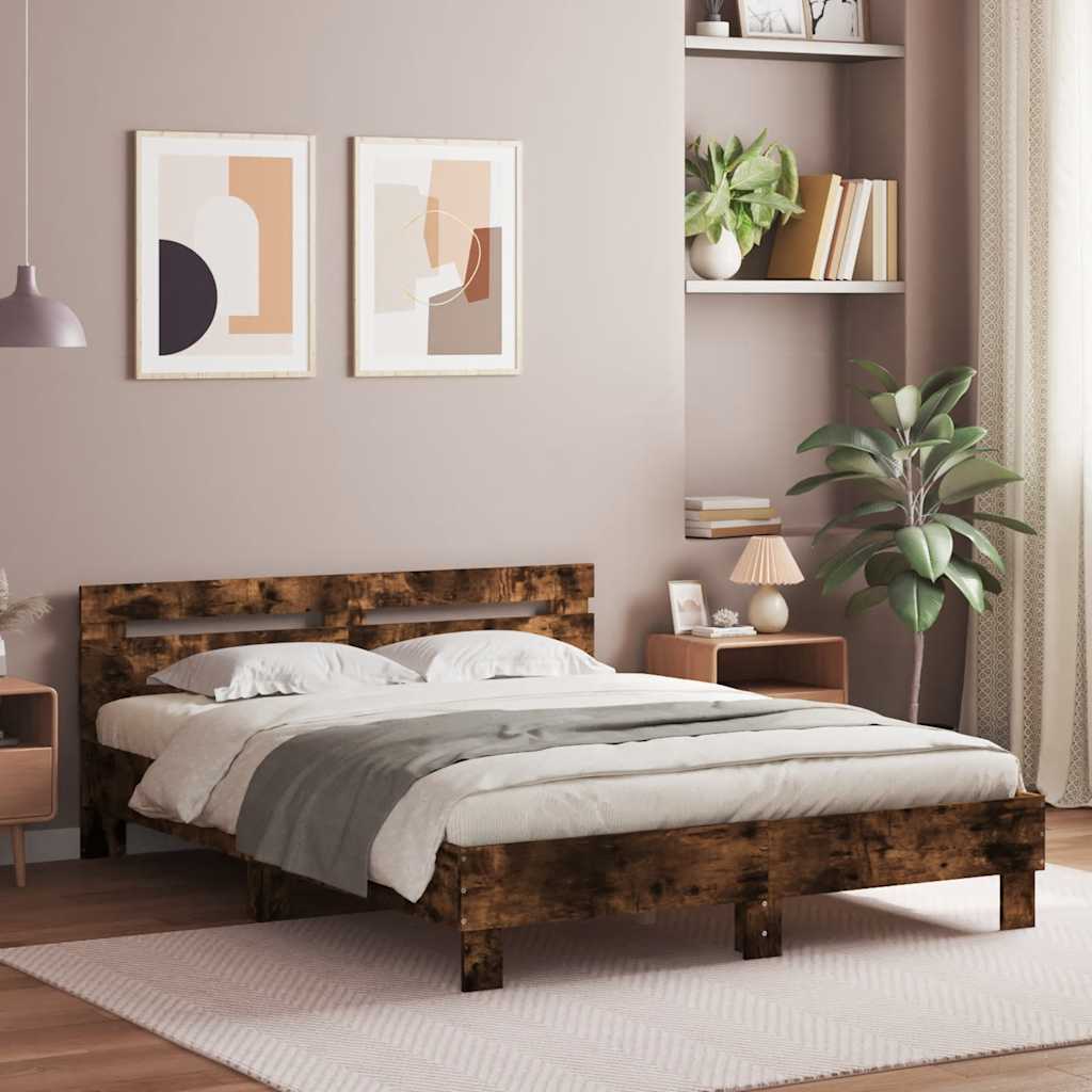 vidaXL Bed Frame with LED without Mattress Smoked Oak 140x190 cm