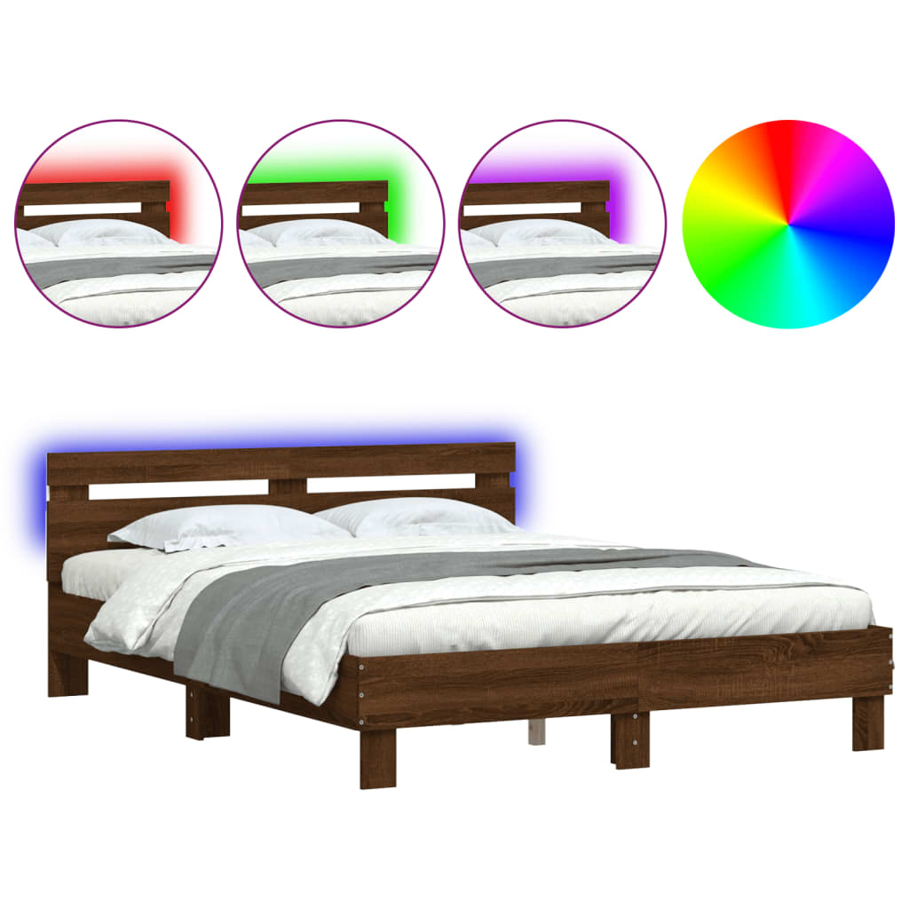 vidaXL Bed Frame with LED without Mattress Brown Oak 140x190 cm
