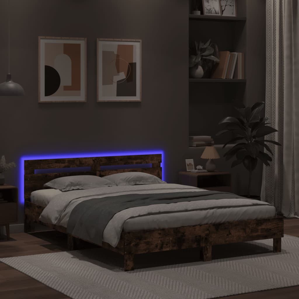 vidaXL Bed Frame with LED without Mattress Brown Oak 140x190 cm