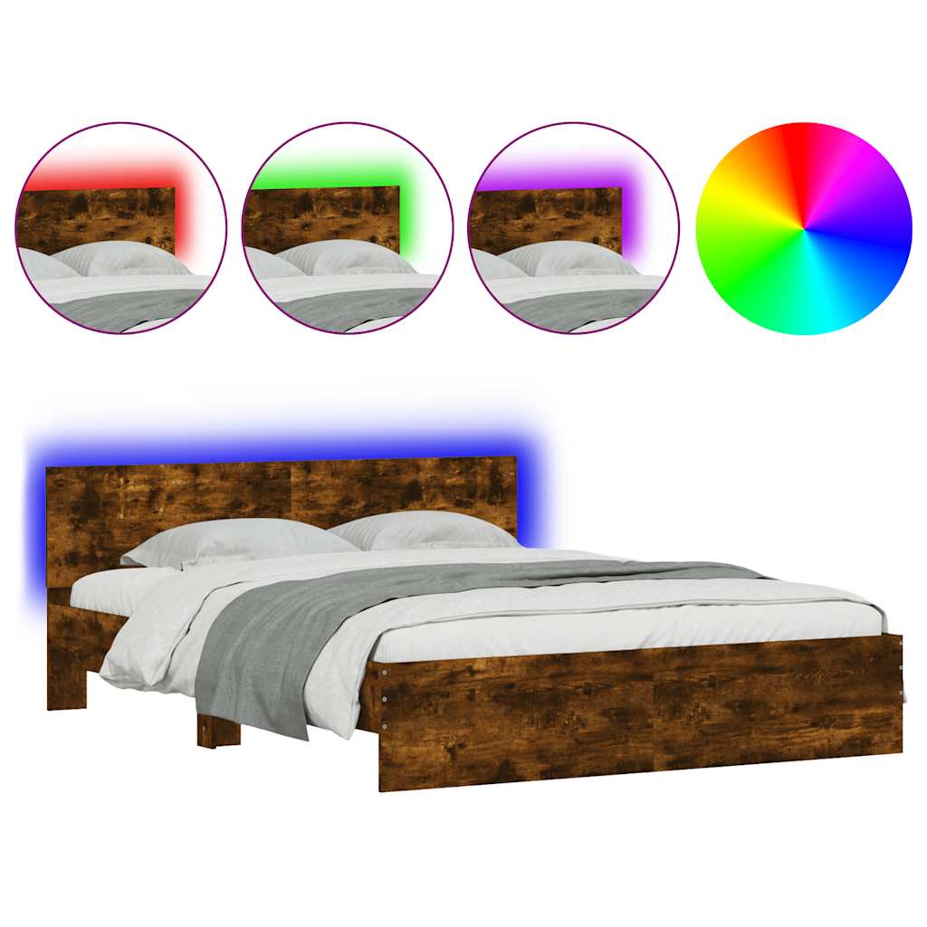 vidaXL Bed Frame with Headboard and LED Smoked Oak 150x200 cm King Size