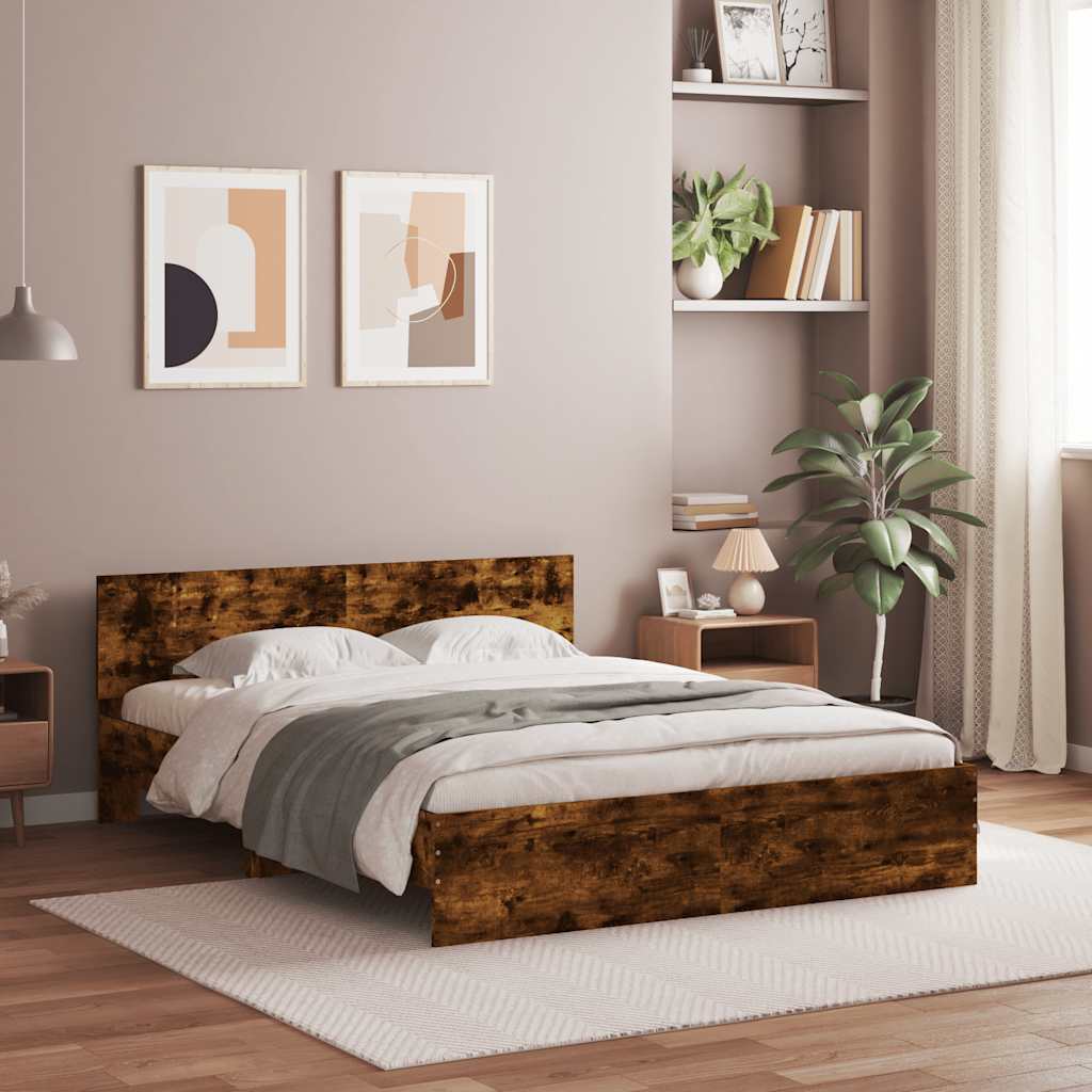 vidaXL Bed Frame with Headboard and LED Smoked Oak 150x200 cm King Size