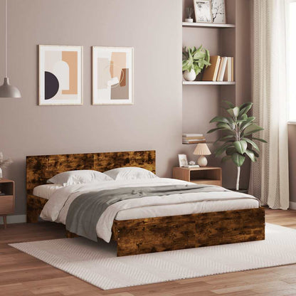 vidaXL Bed Frame with Headboard and LED Smoked Oak 150x200 cm King Size