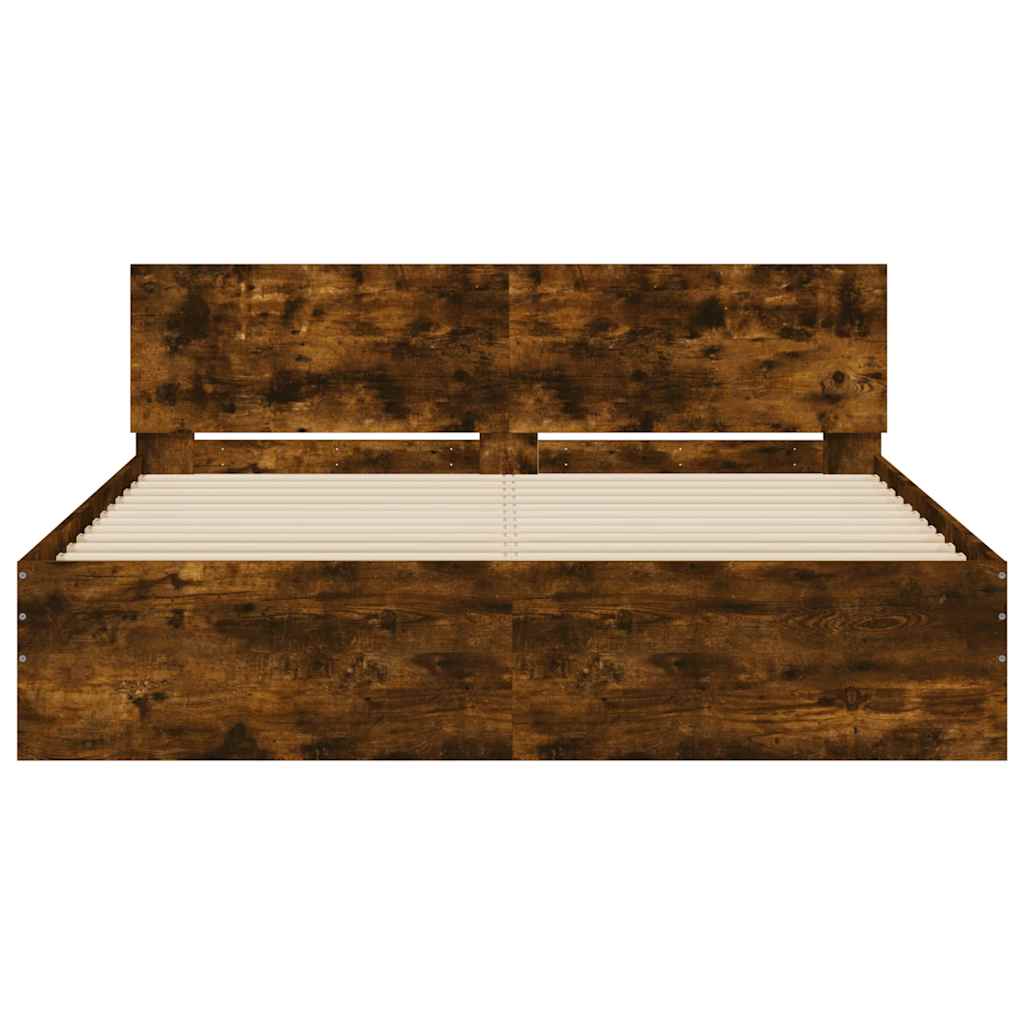 vidaXL Bed Frame with Headboard and LED Smoked Oak 150x200 cm King Size