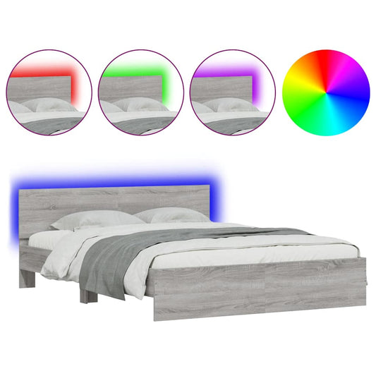 vidaXL Bed Frame with Headboard and LED Grey Sonoma 150x200 cm King Size