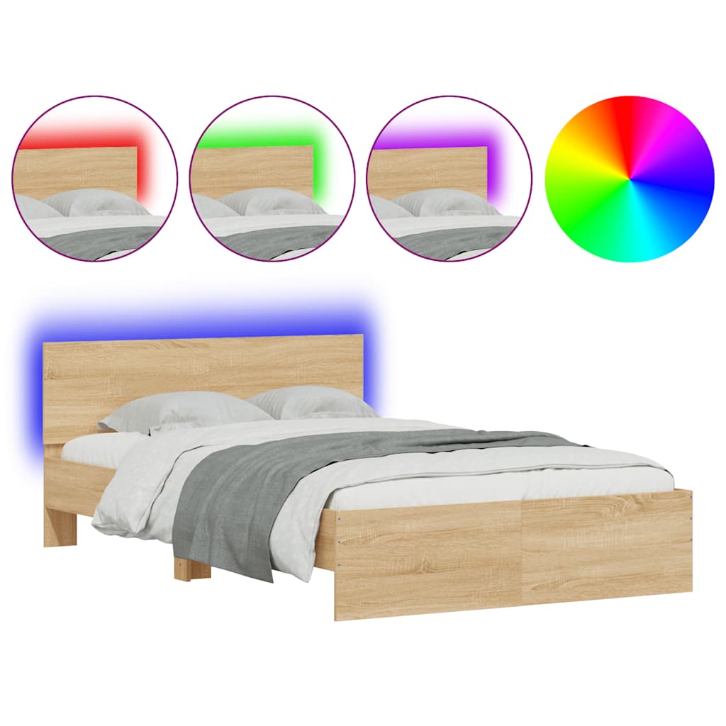 vidaXL Bed Frame with Headboard and LED Sonoma Oak 120x190 cm Small Double