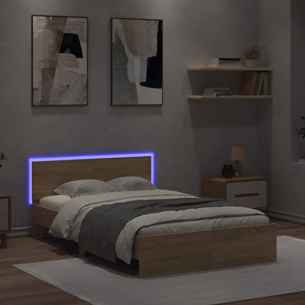 vidaXL Bed Frame with Headboard and LED Sonoma Oak 120x190 cm Small Double