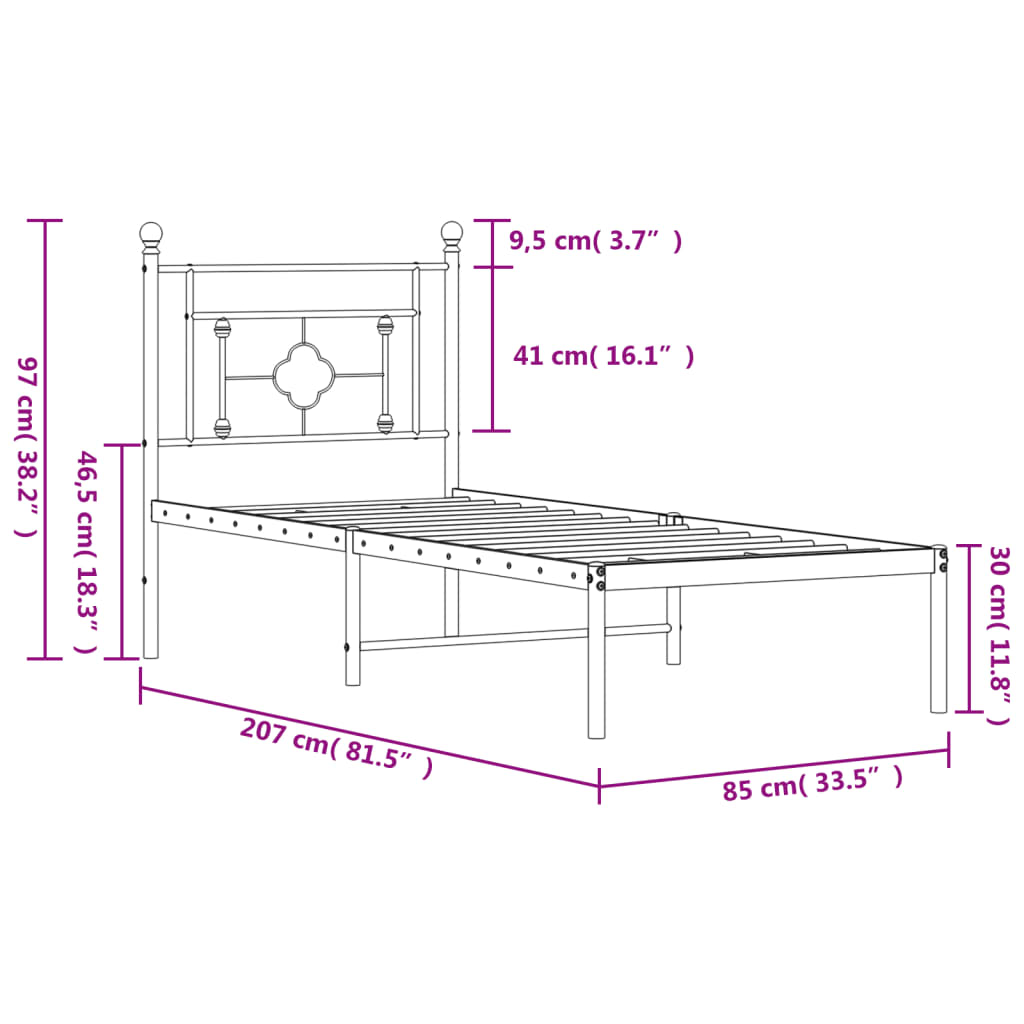 vidaXL Metal Bed Frame without Mattress with Headboard Black 80x200cm