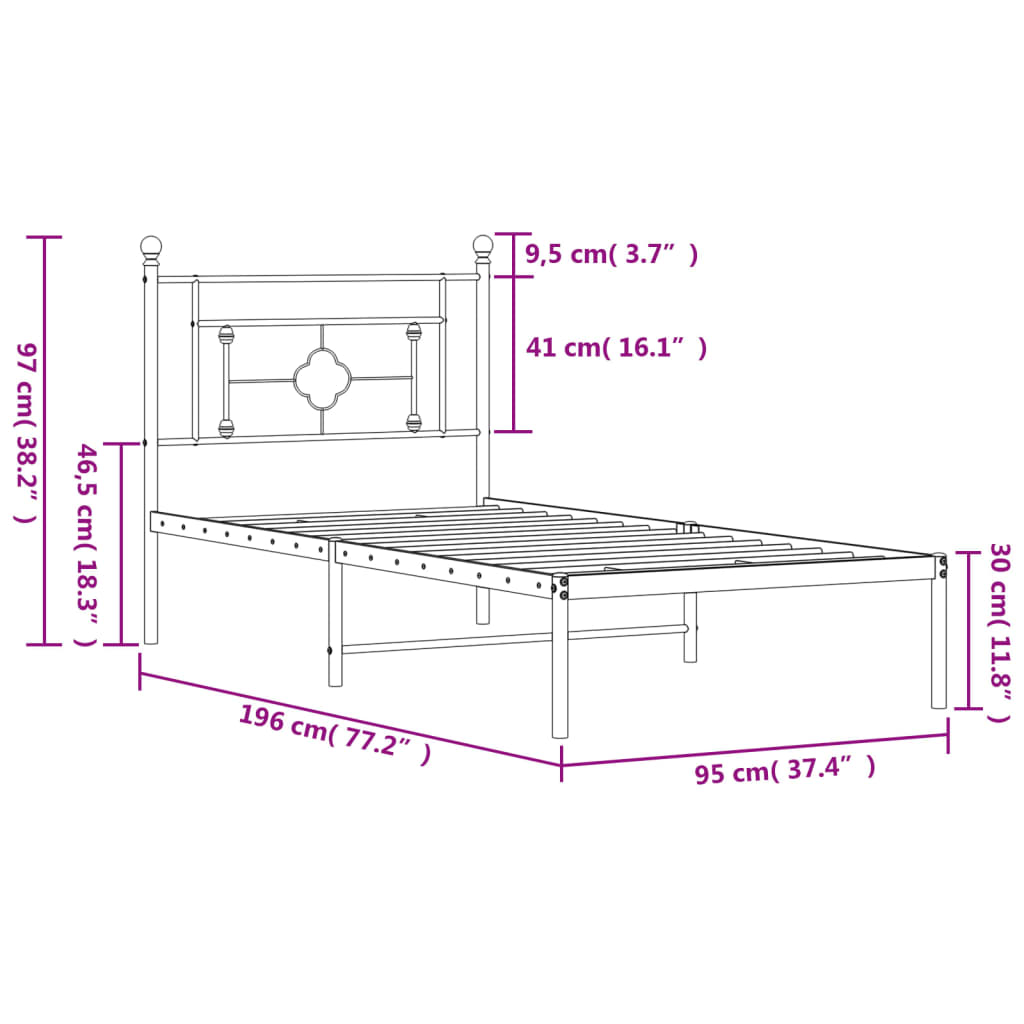 vidaXL Metal Bed Frame without Mattress with Headboard Black 90x190cm