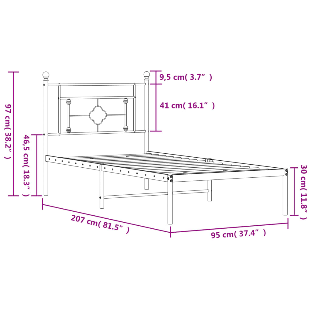 vidaXL Metal Bed Frame without Mattress with Headboard Black 90x200cm