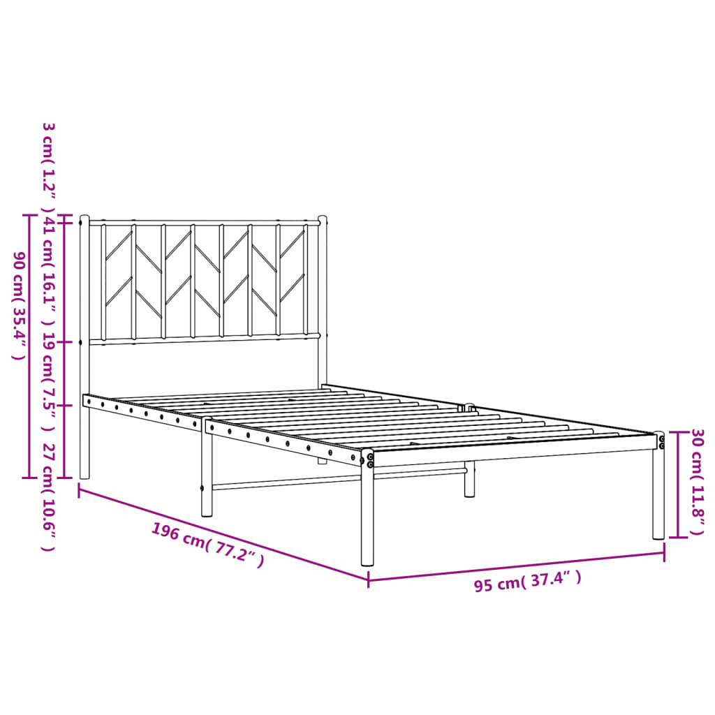 vidaXL Metal Bed Frame without Mattress with Headboard Black 90x190cm