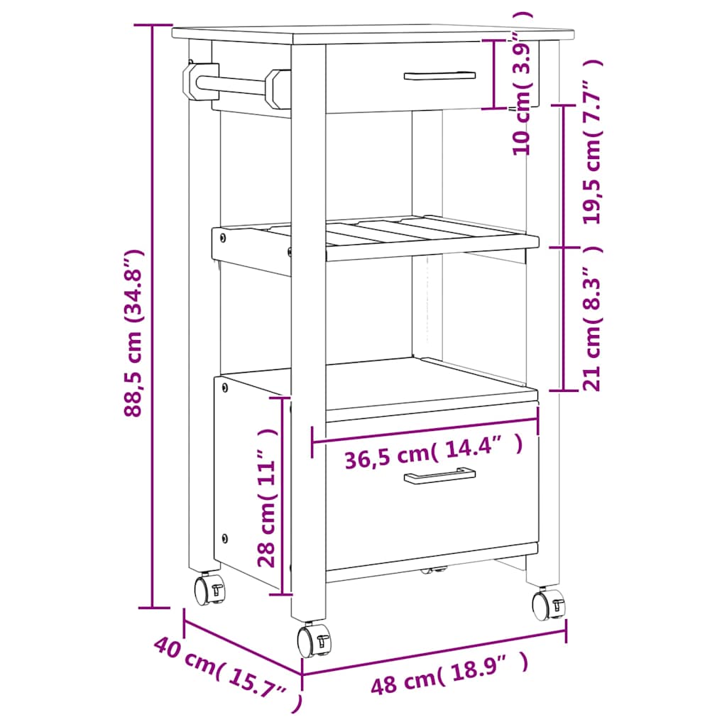 vidaXL Kitchen Trolley MONZA 48x40x88.5 cm Solid Wood Pine
