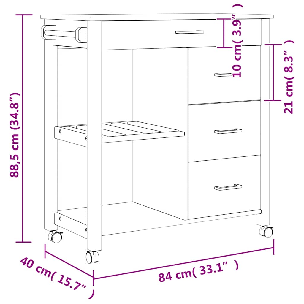 vidaXL Kitchen Trolley MONZA 84x40x88.5 cm Solid Wood Pine