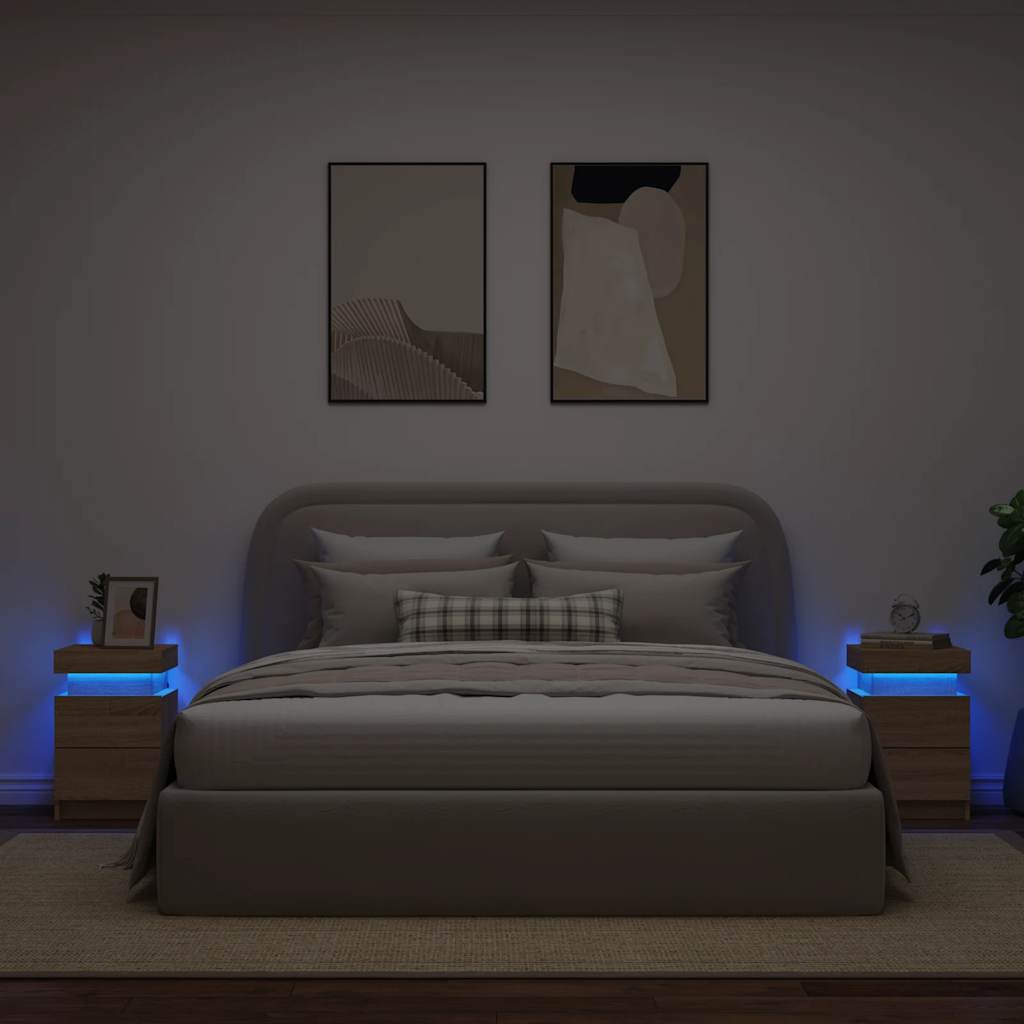 vidaXL Bedside Cabinets with LED Lights 2 pcs Sonoma Oak 35x39x55 cm