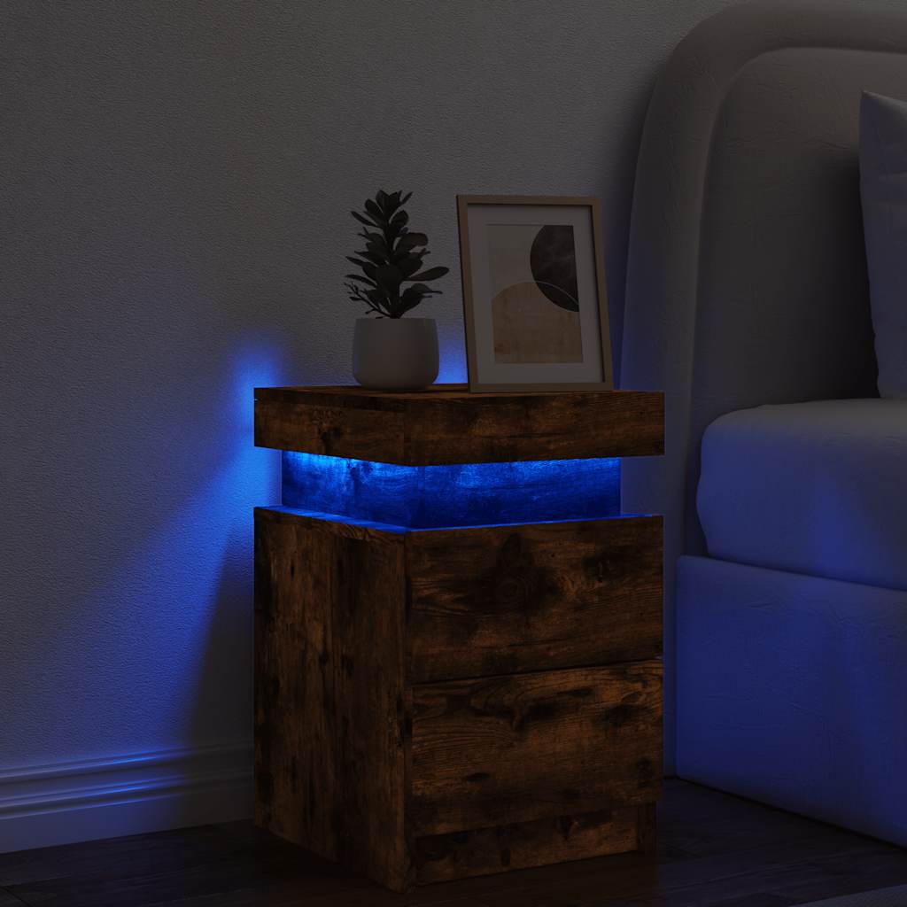 vidaXL Bedside Cabinet with LED Lights Smoked Oak 35x39x55 cm