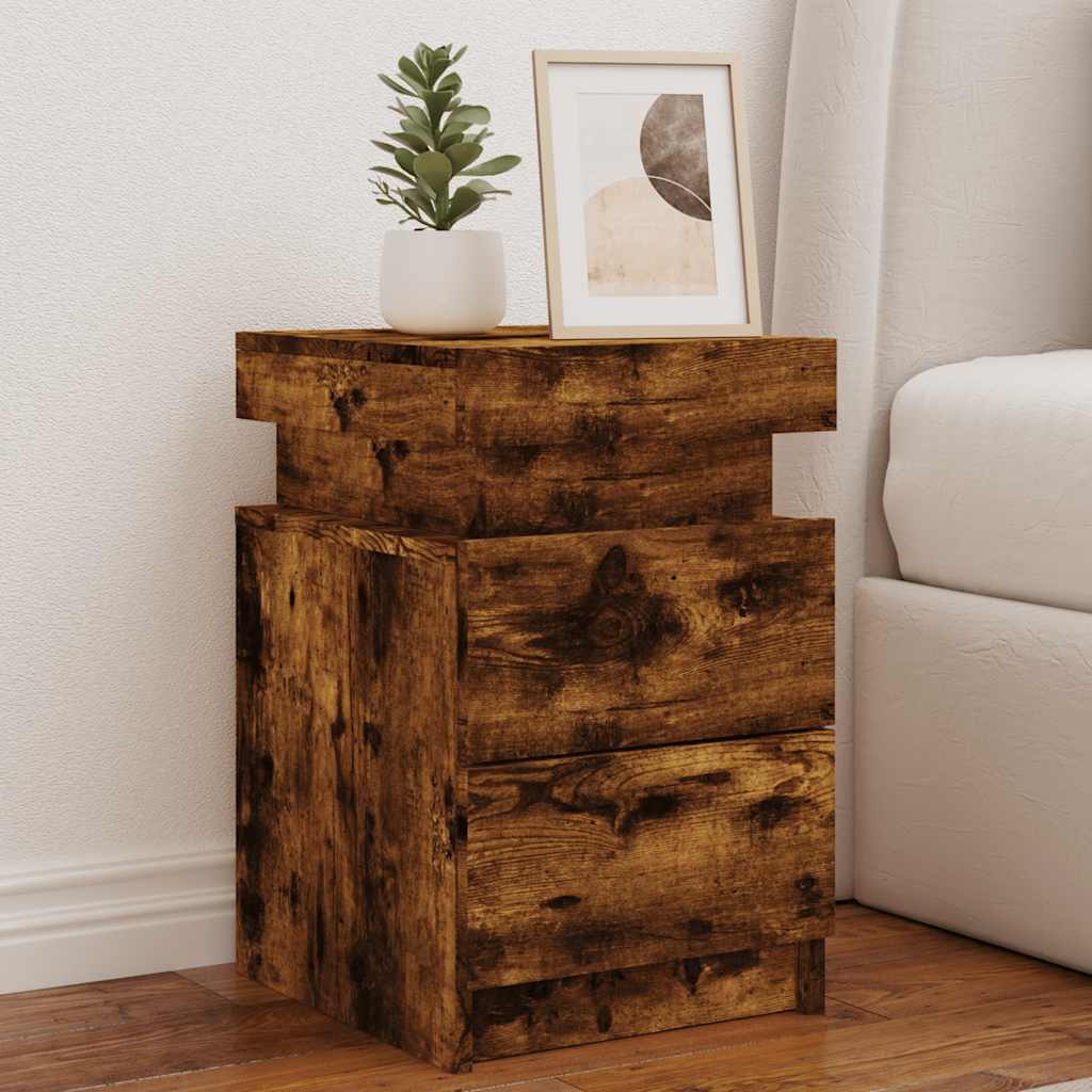 vidaXL Bedside Cabinet with LED Lights Smoked Oak 35x39x55 cm