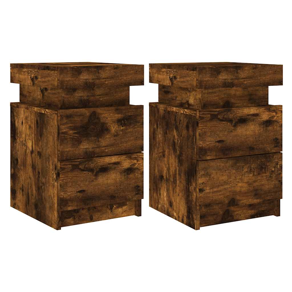 vidaXL Bedside Cabinets with LED Lights 2 pcs Smoked Oak 35x39x55 cm