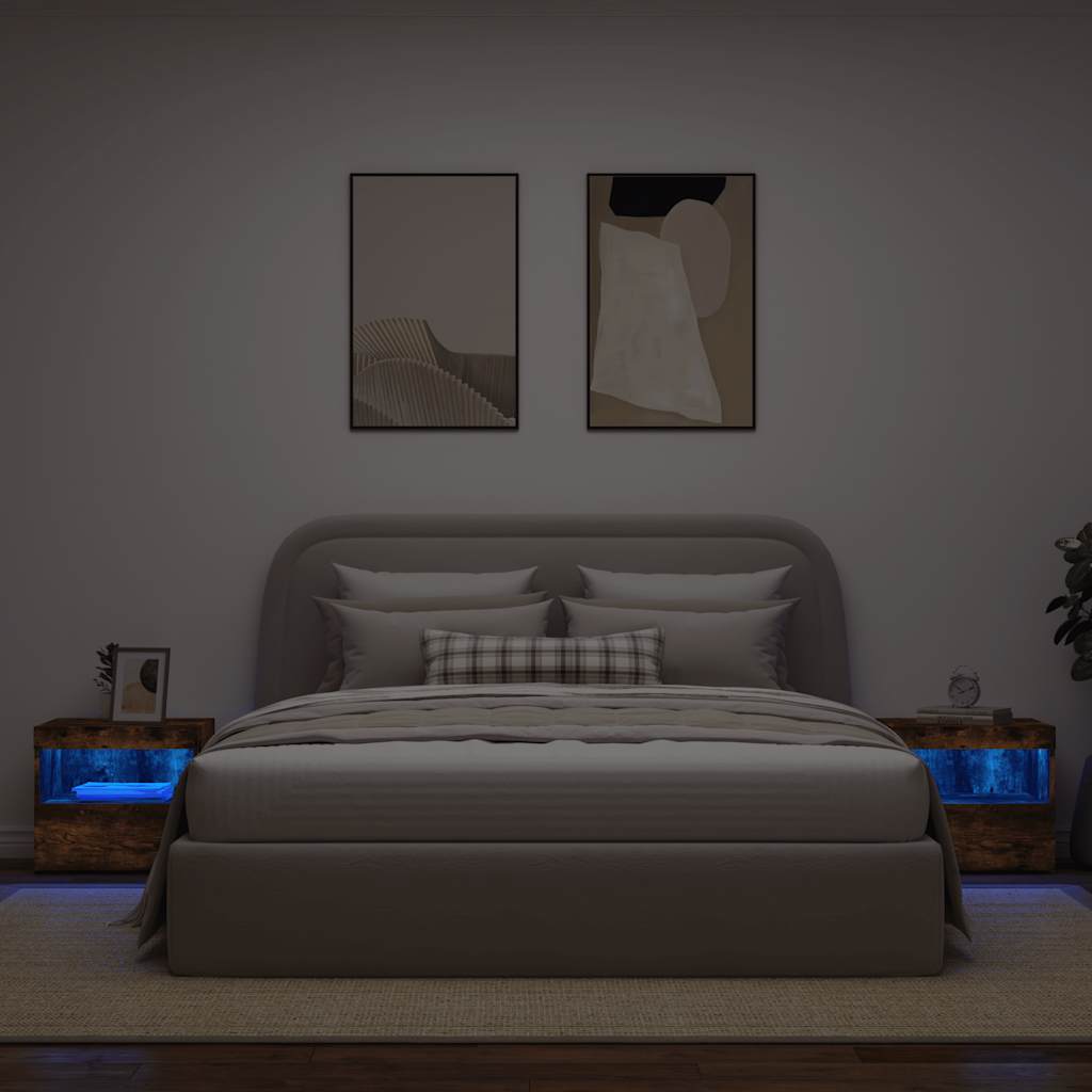 vidaXL Bedside Cabinets with LED Lights 2 pcs Smoked Oak 50x40x45 cm