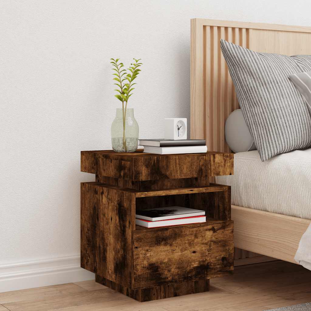 vidaXL Bedside Cabinet with LED Lights Smoked Oak 40x39x48,5 cm