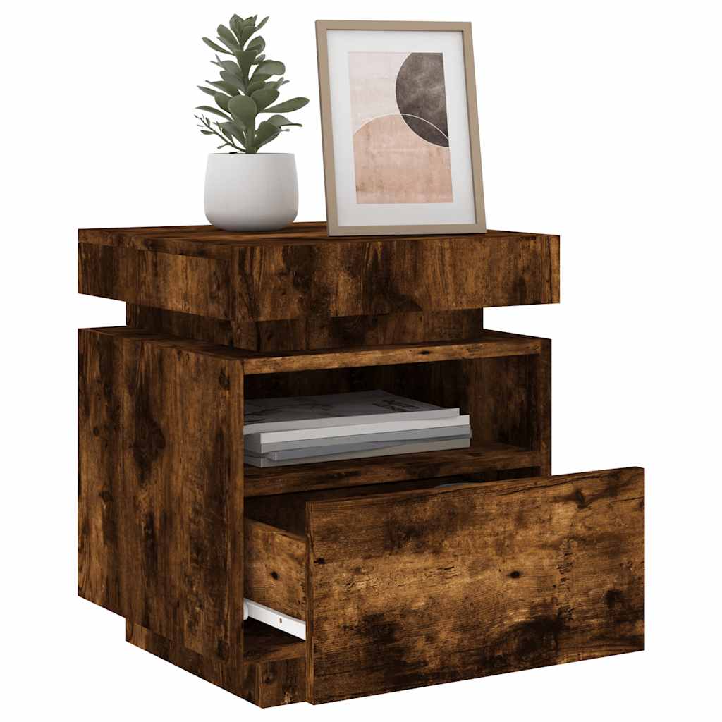 vidaXL Bedside Cabinet with LED Lights Smoked Oak 40x39x48,5 cm