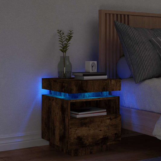 vidaXL Bedside Cabinet with LED Lights Smoked Oak 40x39x48,5 cm