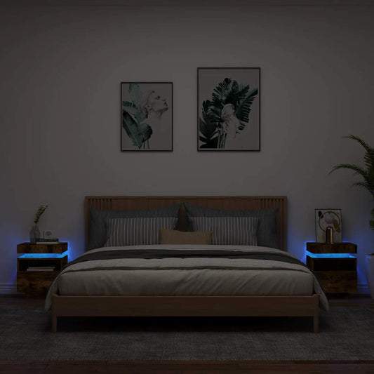 vidaXL Bedside Cabinets with LED Lights 2 pcs Smoked Oak 40x39x48,5 cm