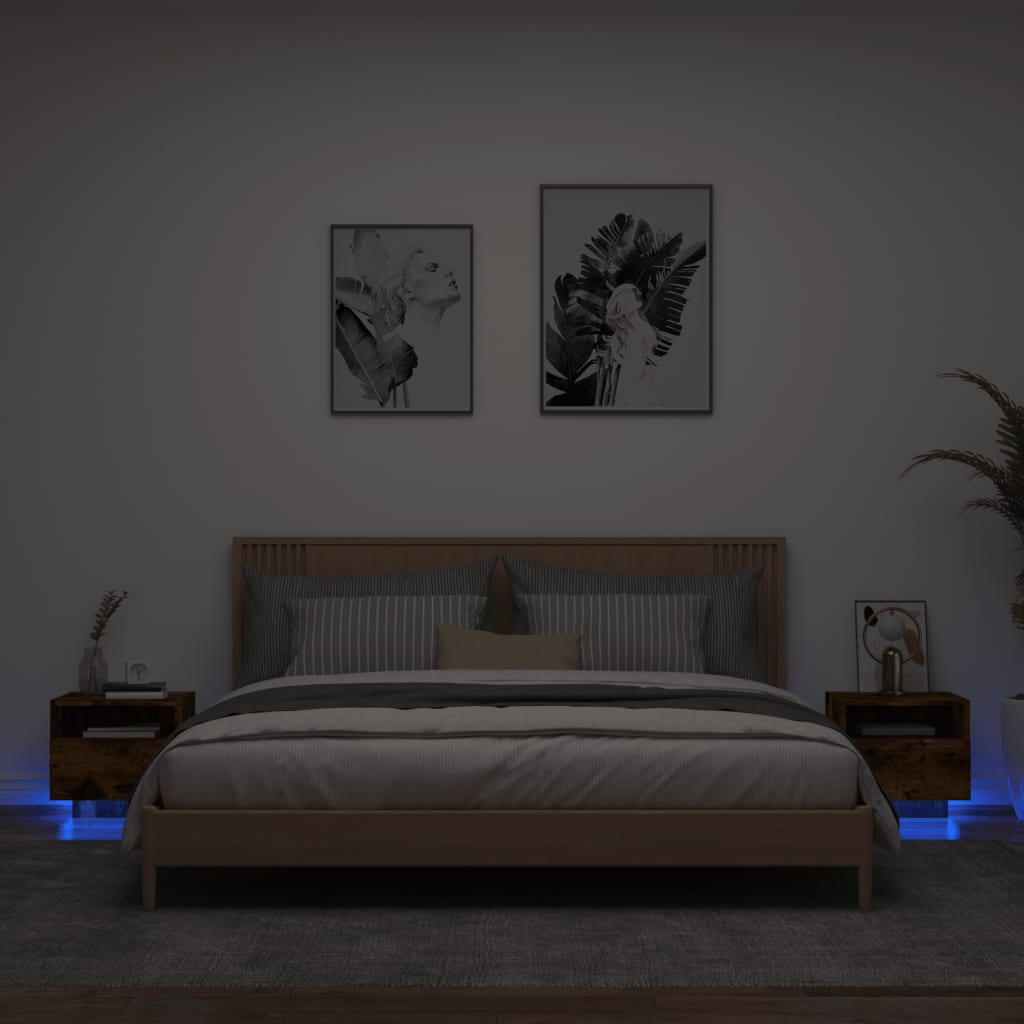 vidaXL Bedside Cabinets with LED Lights 2 pcs Smoked Oak 40x39x37 cm