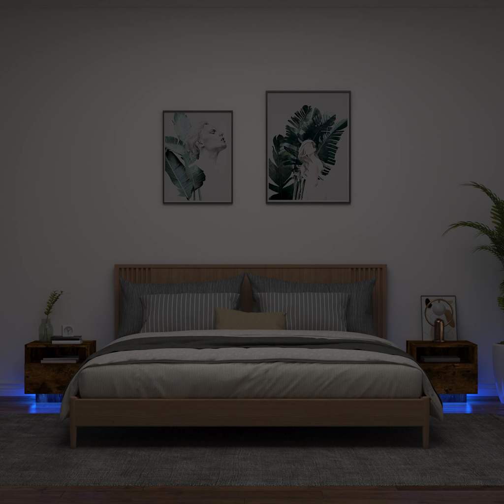 vidaXL Bedside Cabinets with LED Lights 2 pcs Smoked Oak 40x39x37 cm