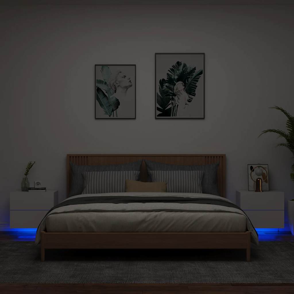 vidaXL Wall-mounted Bedside Cabinets with LED Lights 2 pcs White