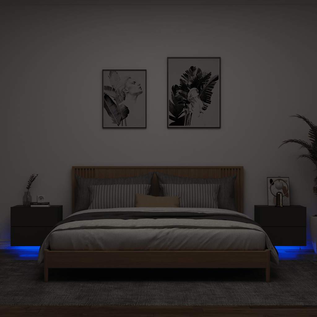 vidaXL Wall-mounted Bedside Cabinets with LED Lights 2 pcs Black