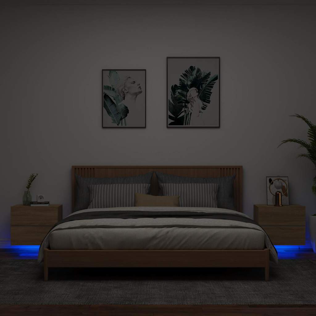 vidaXL Wall-mounted Bedside Cabinets with LED Lights 2 pcs Sonoma Oak
