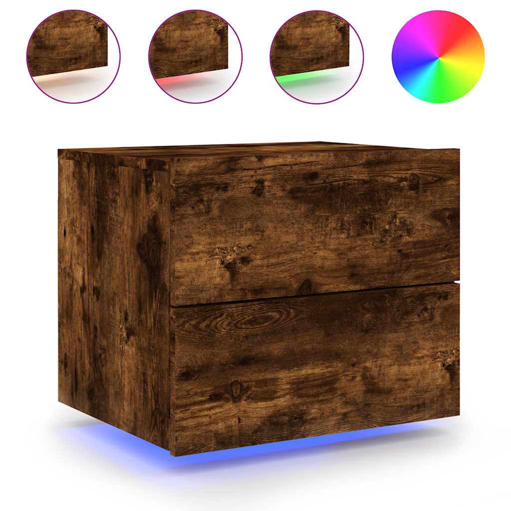 vidaXL Wall-mounted Bedside Cabinet with LED Lights Smoked Oak