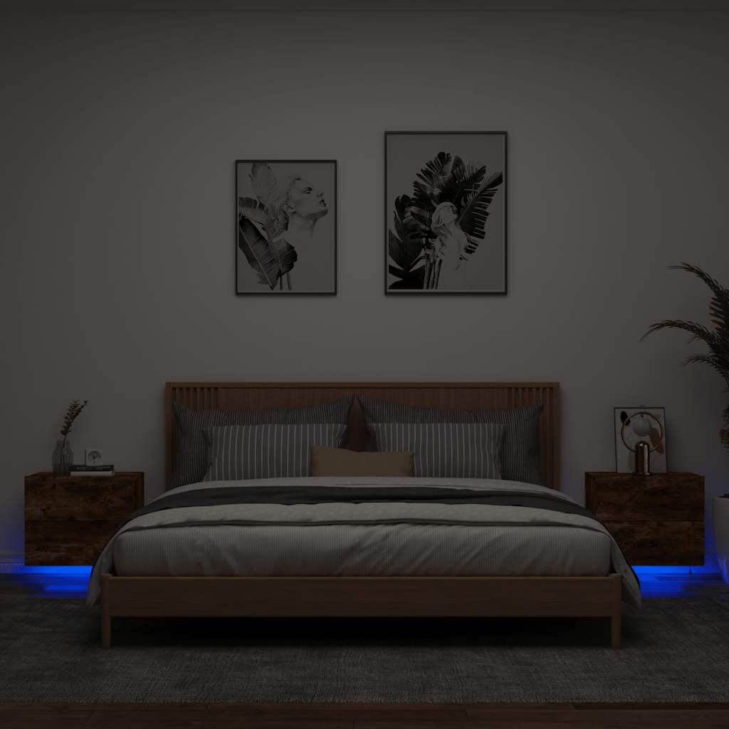 vidaXL Wall-mounted Bedside Cabinets with LED Lights 2 pcs Smoked Oak