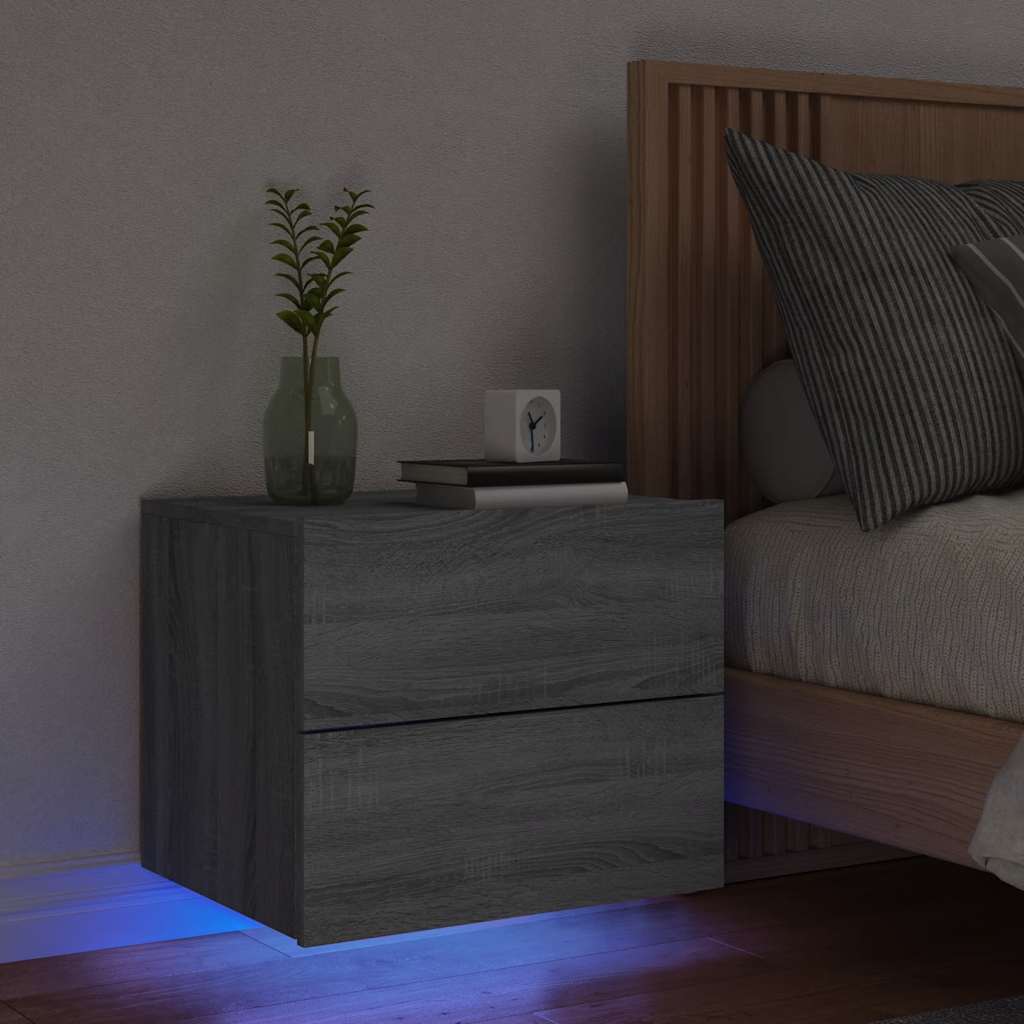 vidaXL Wall-mounted Bedside Cabinet with LED Lights Grey Sonoma