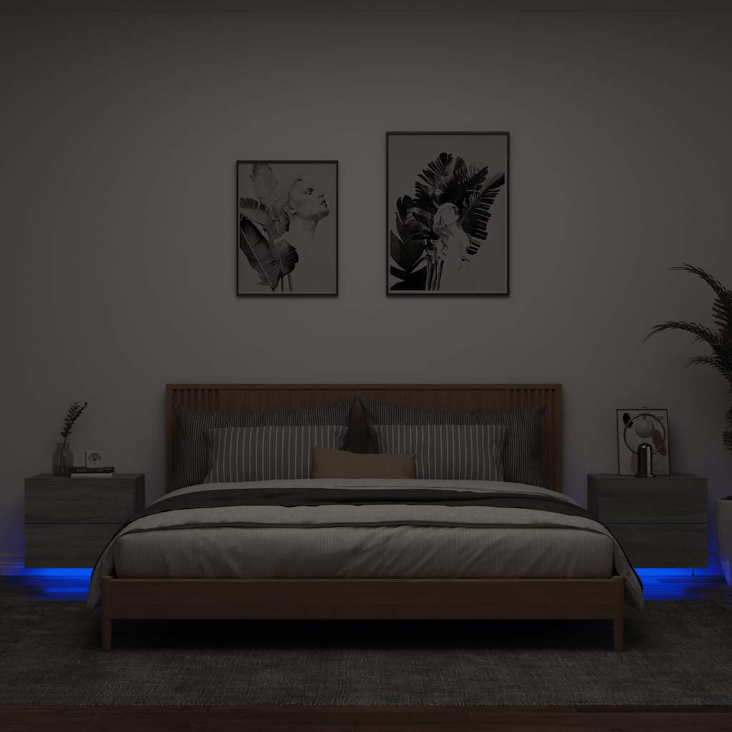 vidaXL Wall-mounted Bedside Cabinets with LED Lights 2 pcs Grey Sonoma