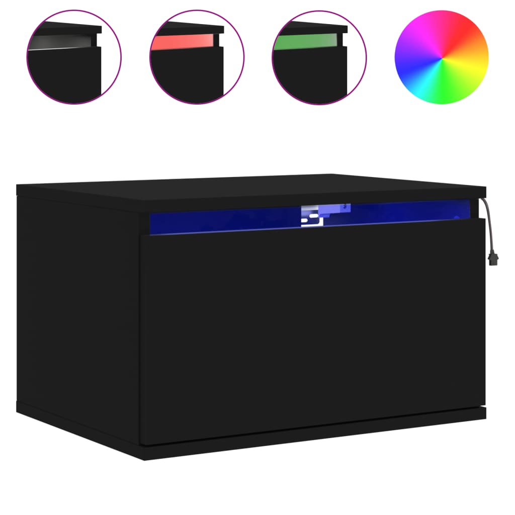vidaXL Wall-mounted Bedside Cabinet with LED Lights Black