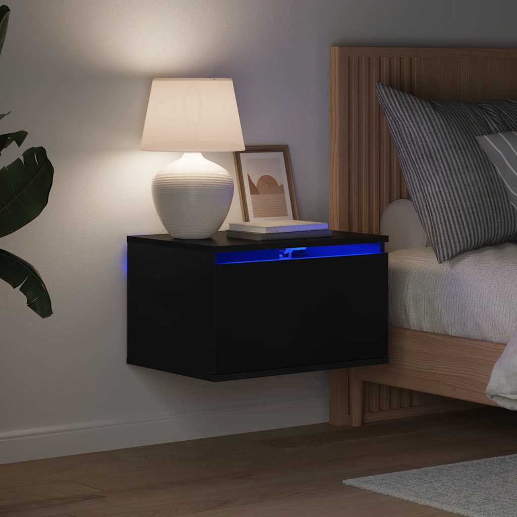 vidaXL Wall-mounted Bedside Cabinet with LED Lights Black