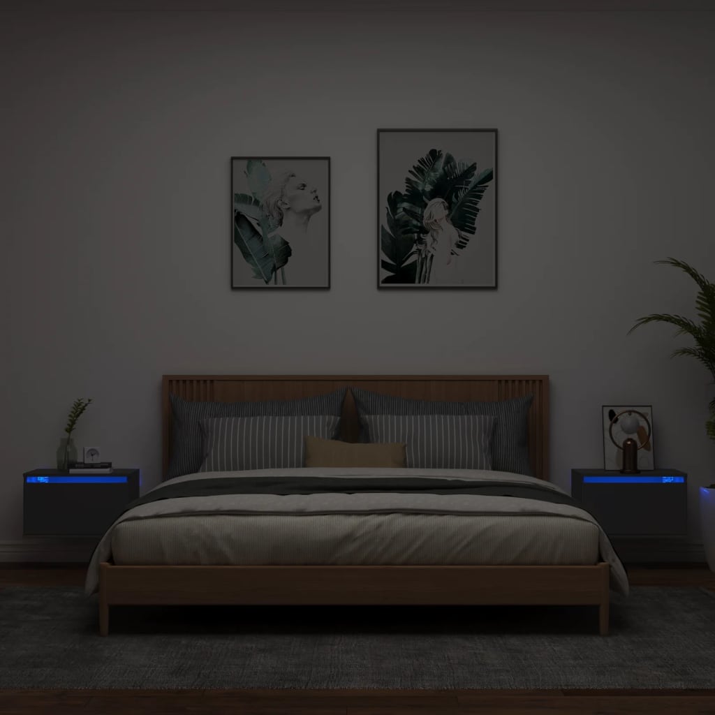vidaXL Wall-mounted Bedside Cabinets with LED Lights 2 pcs Black