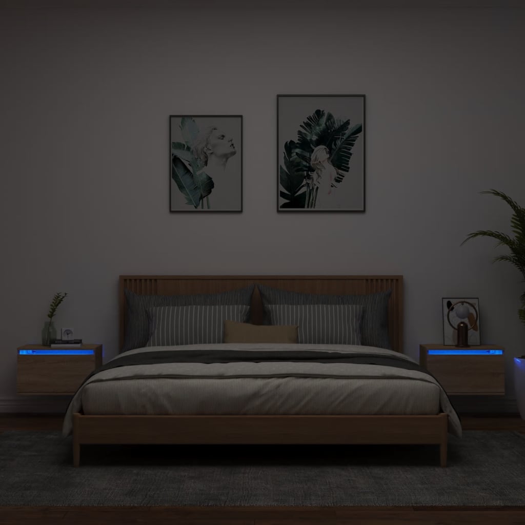 vidaXL Wall-mounted Bedside Cabinets with LED Lights 2 pcs Sonoma Oak