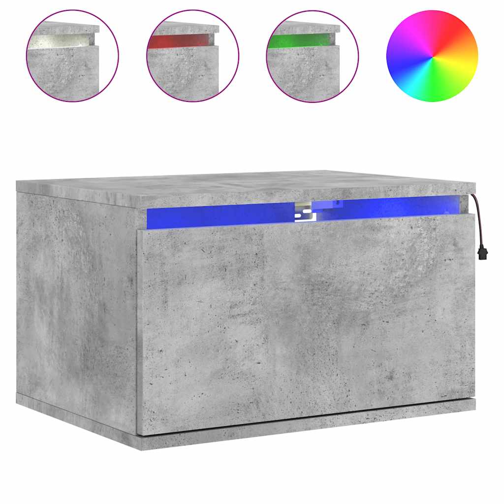 vidaXL Wall-mounted Bedside Cabinet with LED Lights Concrete Gery
