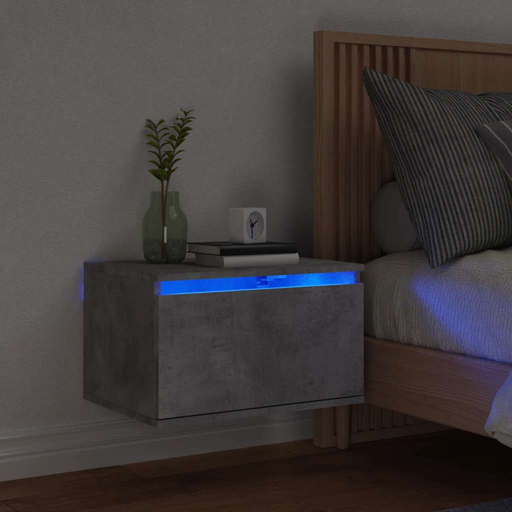 vidaXL Wall-mounted Bedside Cabinet with LED Lights Concrete Gery