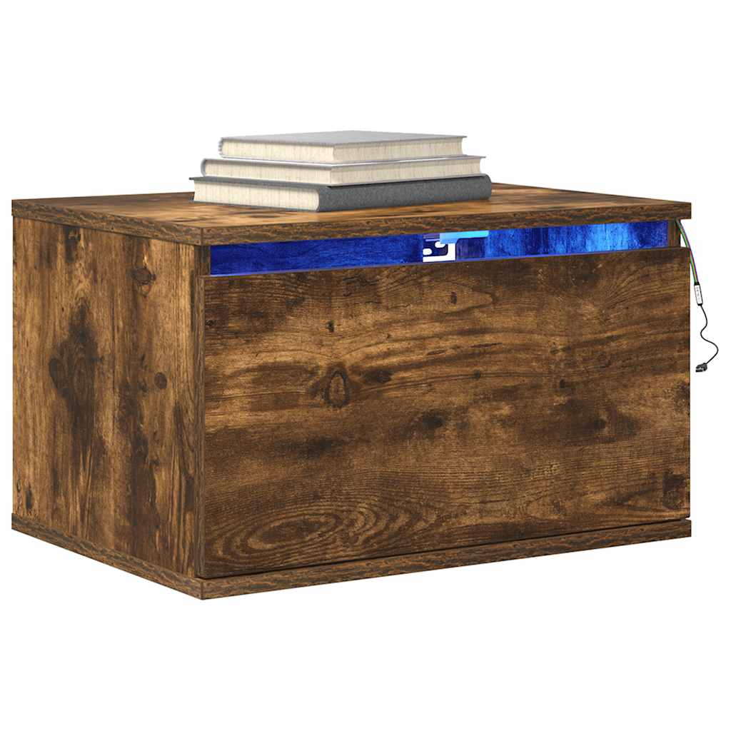 vidaXL Wall-mounted Bedside Cabinet with LED Lights Smoked Oak