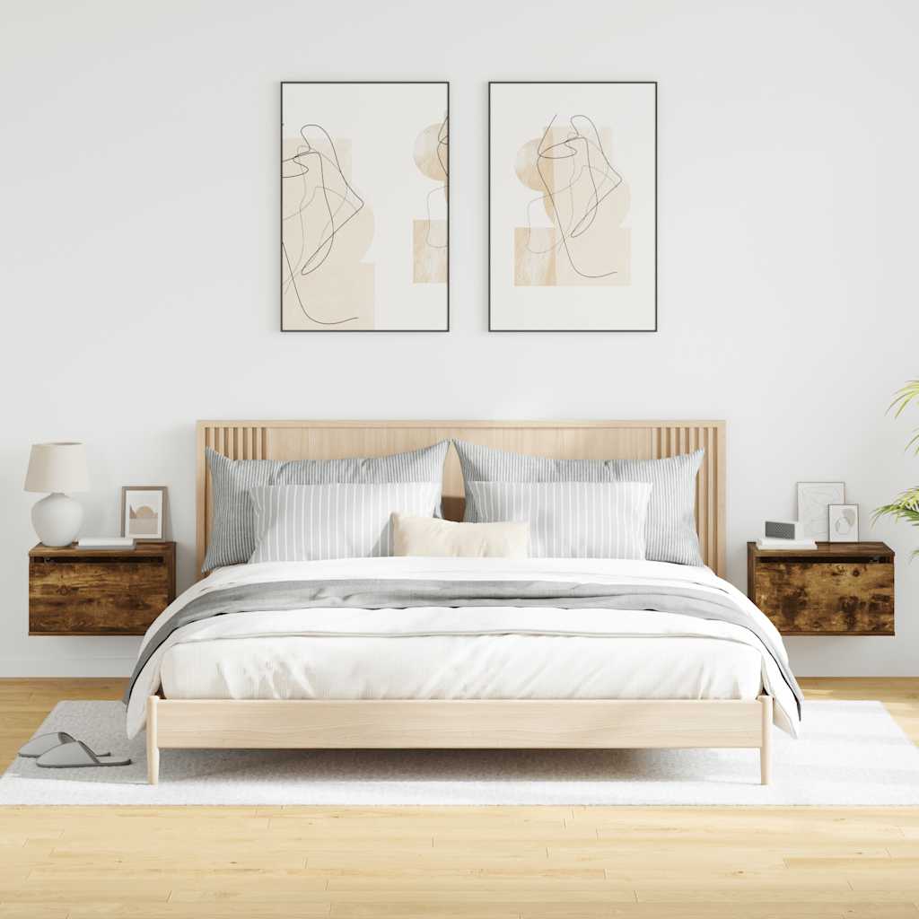 vidaXL Wall-mounted Bedside Cabinets with LED Lights 2 pcs Smoked Oak